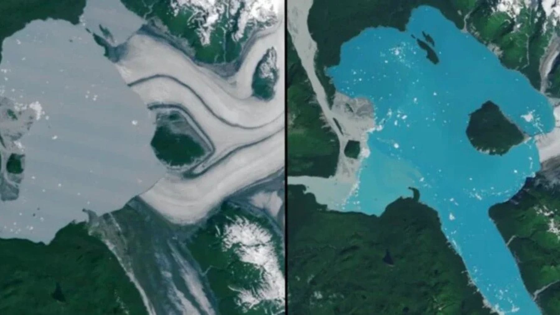 Comparativa satelital de la NASA que muestra la aparición de una nueva isla en Alaska tras el deshielo del glaciar Alsek.