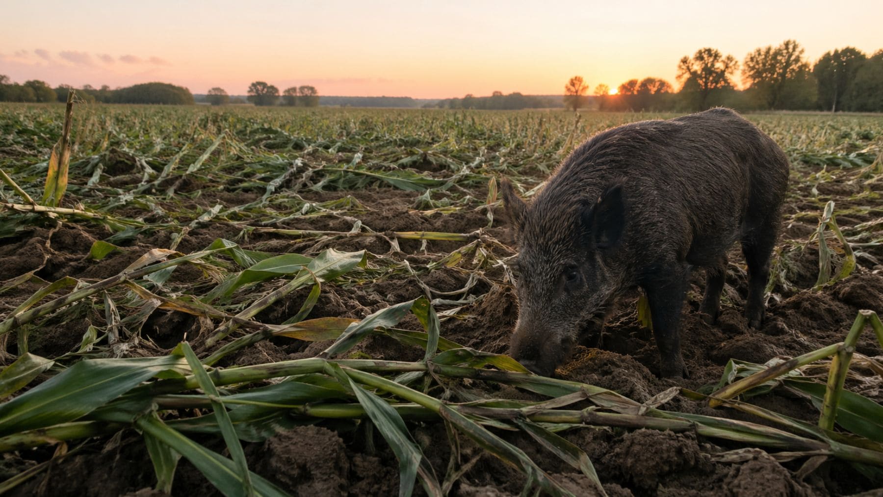 Jabalí destrozando un campo de cultivo en otoño con plantas arrancadas y tierra levantada.