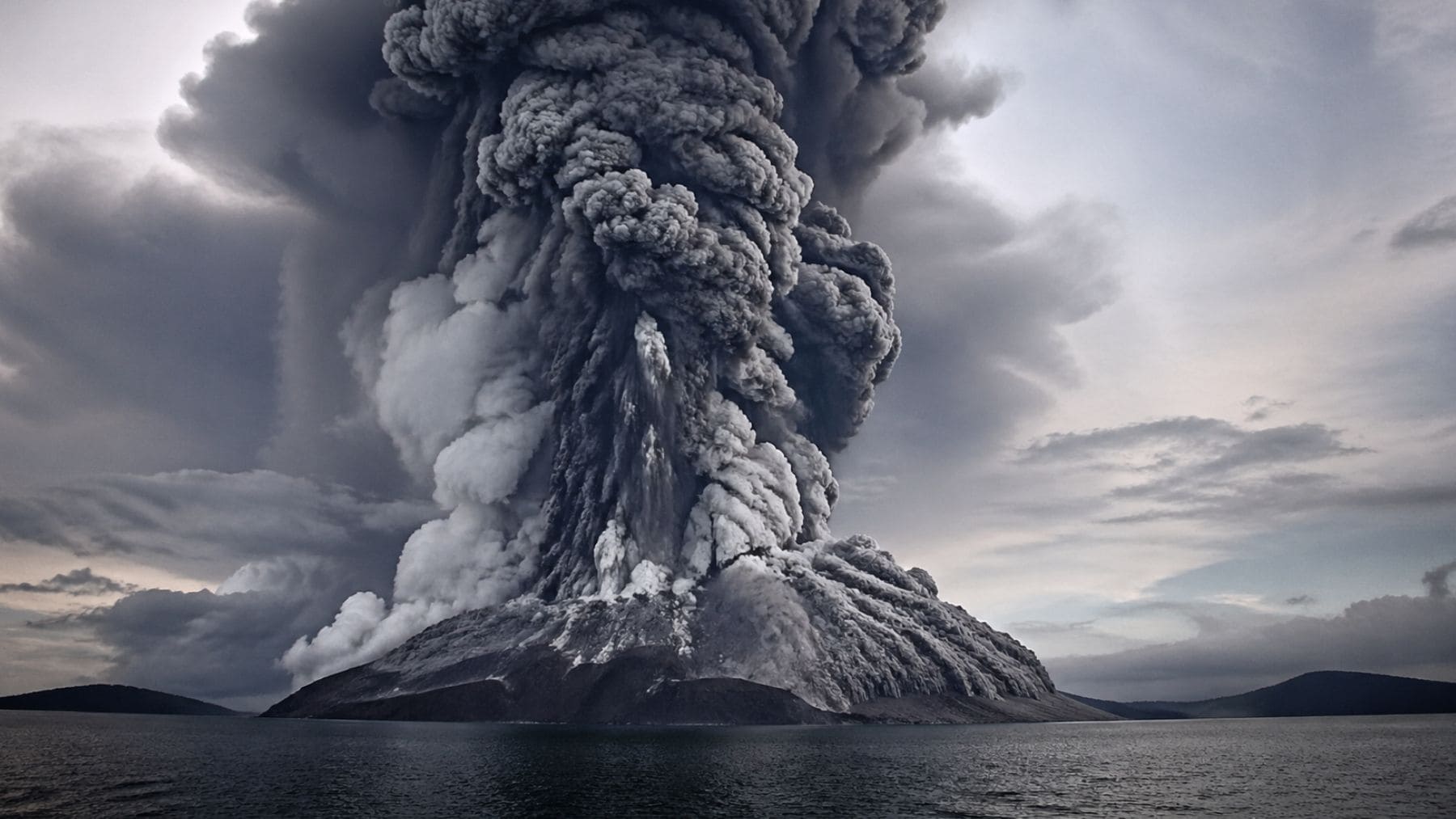 Erupción del volcán Krakatoa en 1883 con enorme columna de ceniza y explosión que generó el sonido más fuerte de la historia.