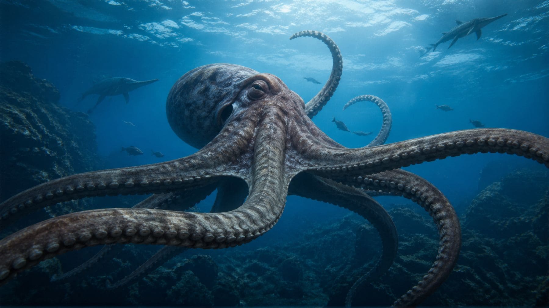 Recreación realista de un pulpo gigante del Cretácico nadando en el océano hace 100 millones de años.