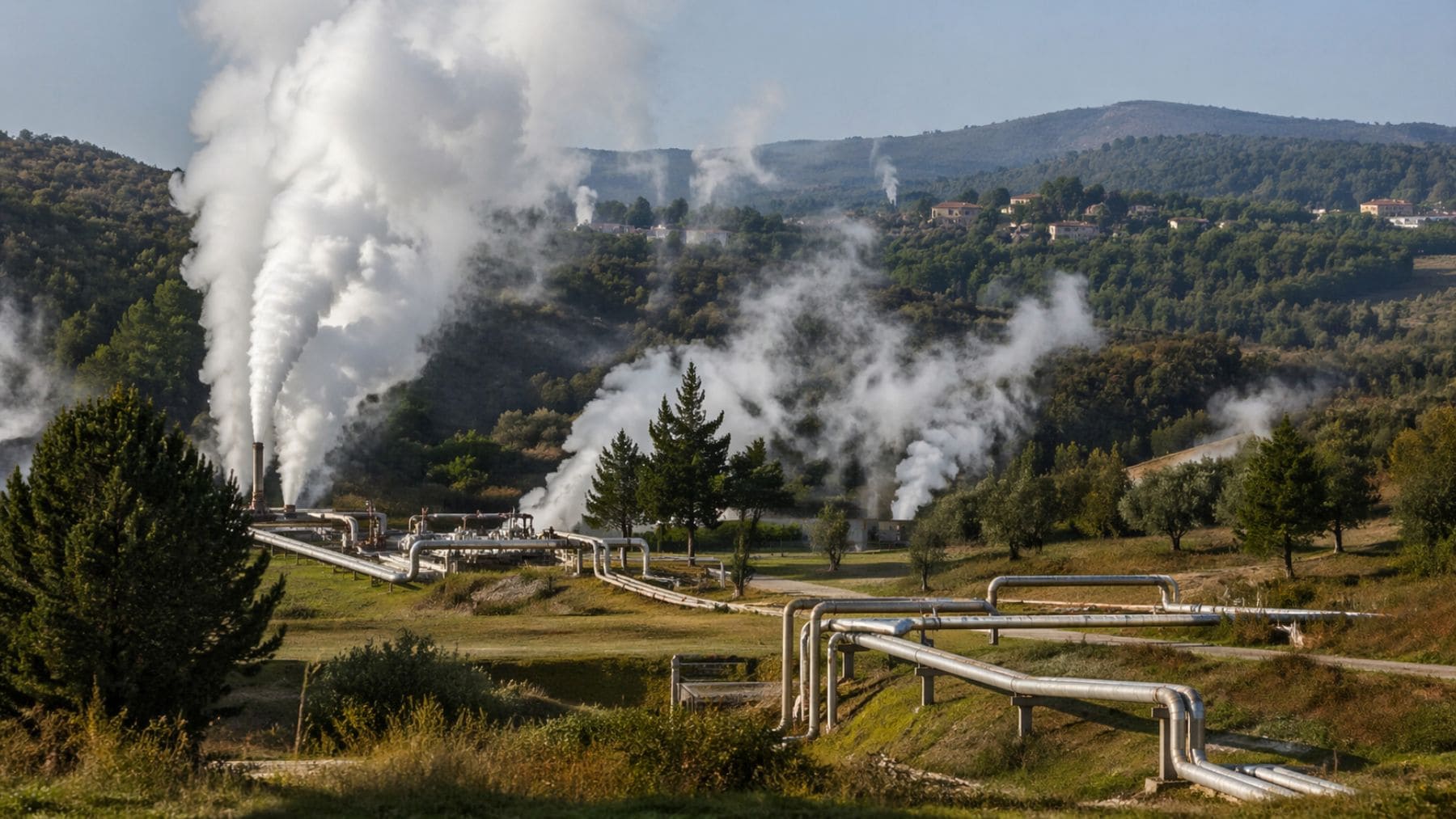 Planta geotérmica en la Toscana con emisión de vapor, zona donde se ha descubierto un gran reservorio de magma subterráneo