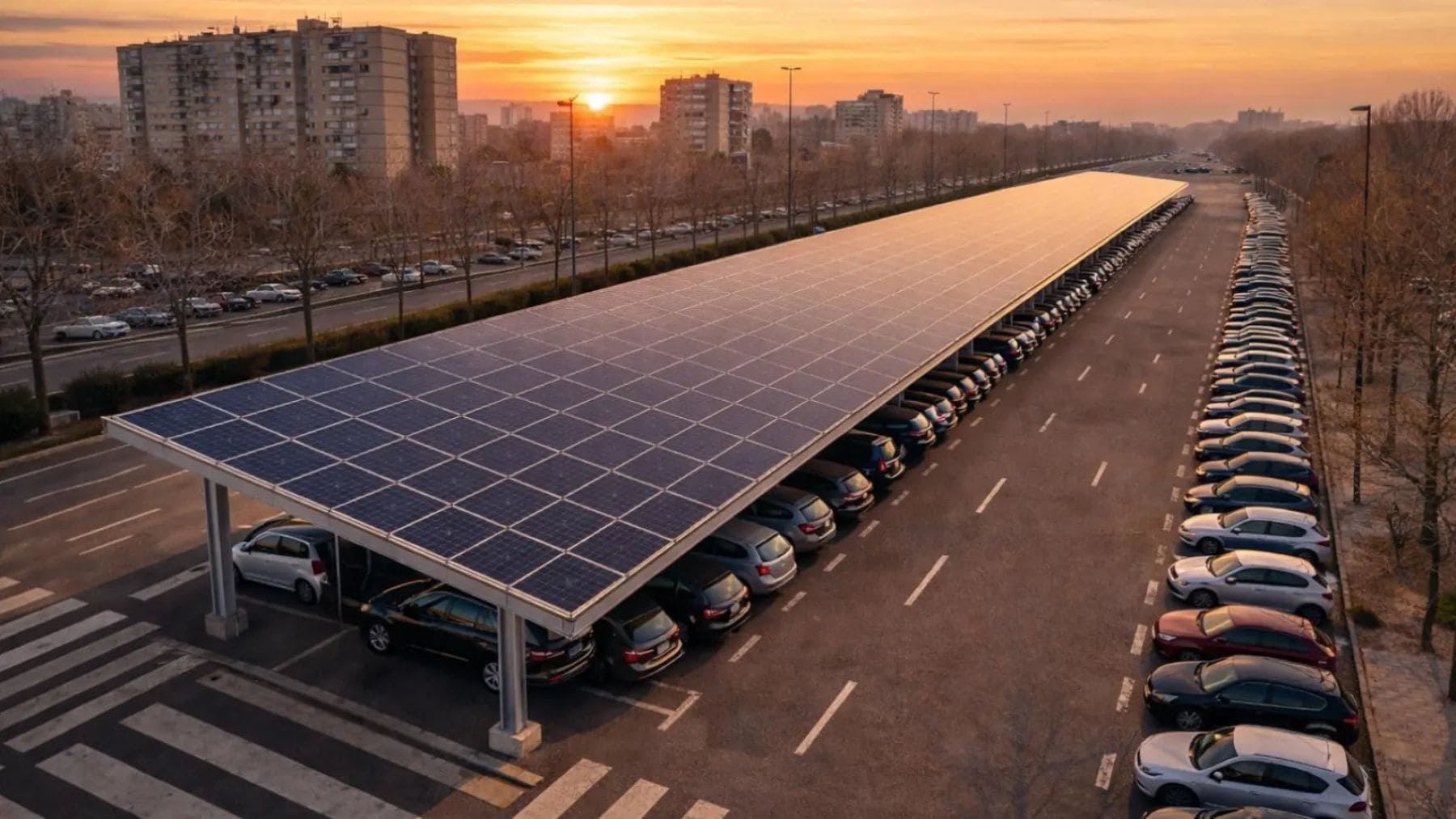 Marquesina solar en aparcamiento urbano con paneles fotovoltaicos y coches en Zaragoza.