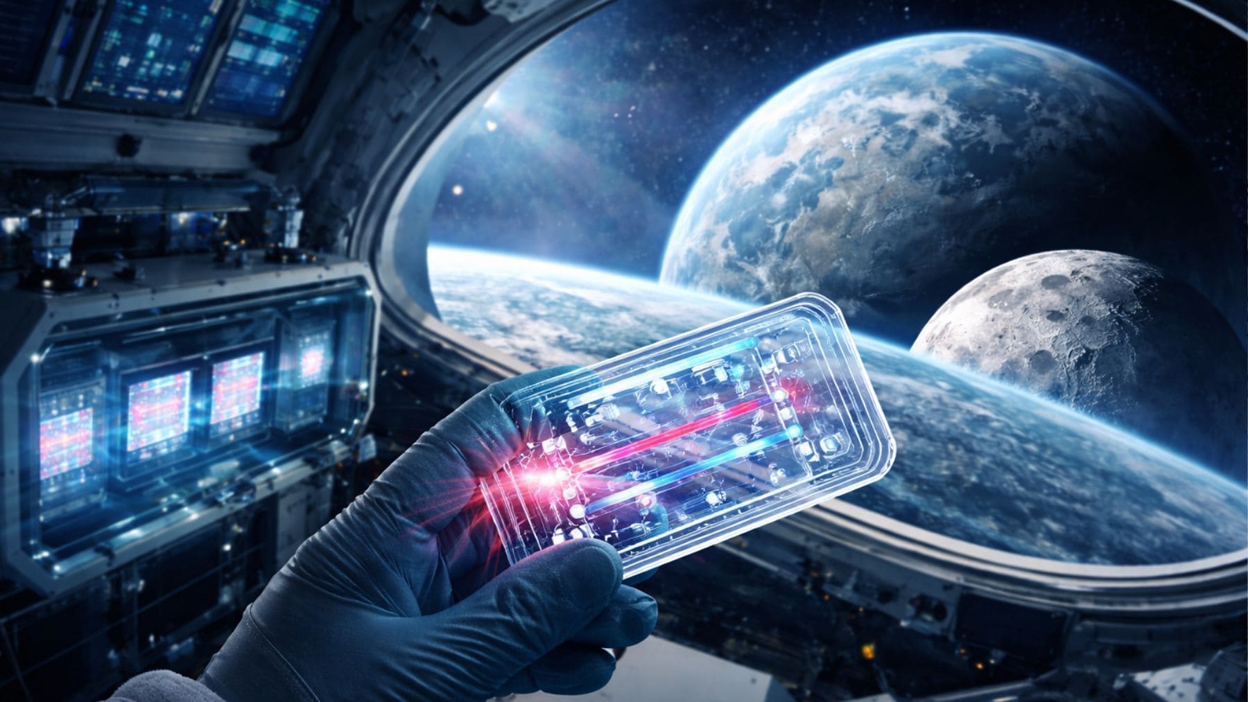 Microchip con células humanas en la cápsula Orion durante la misión Artemis II con la Tierra y la Luna al fondo
