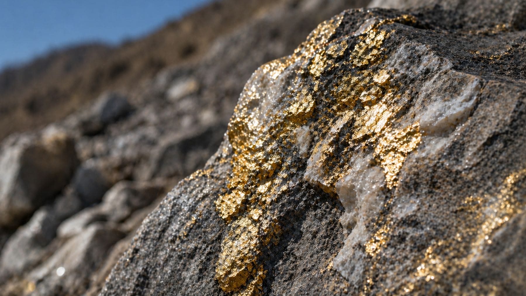 Roca con vetas brillantes de oro y cuarzo en una montaña de China, posible indicio geológico.