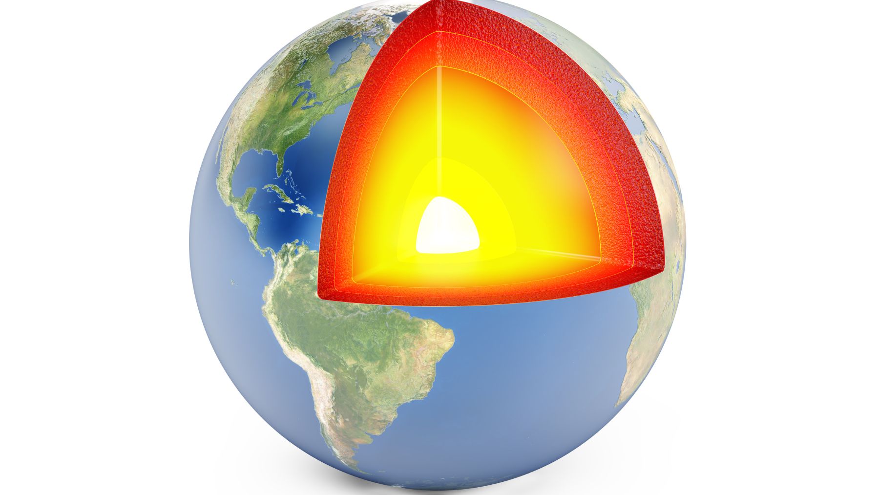 Ilustración del interior de la Tierra con el núcleo, manto y corteza mostrando el origen profundo de materiales.