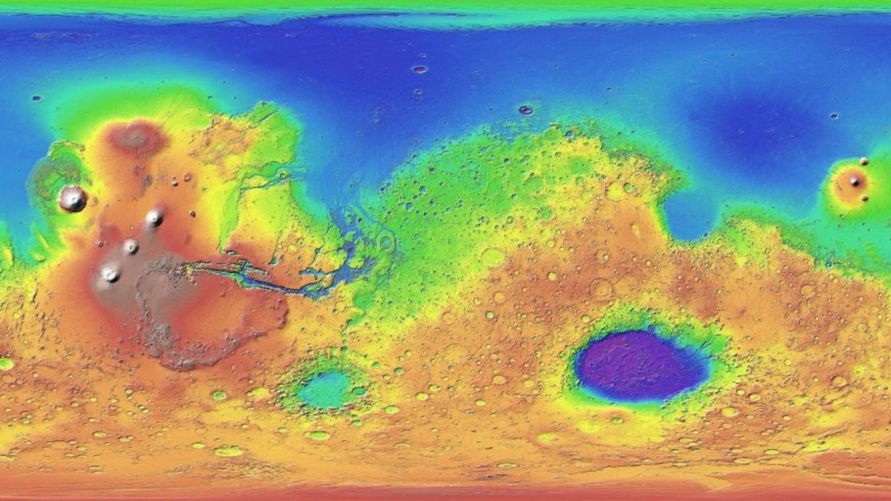 Mapa topográfico de Marte de la NASA que muestra el posible océano antiguo en el hemisferio norte.