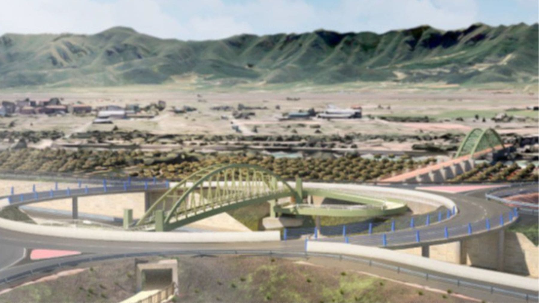 Pasarela ciclopeatonal entre Sueca y Fortaleny sobre la A-38 en Valencia con arco metálico.