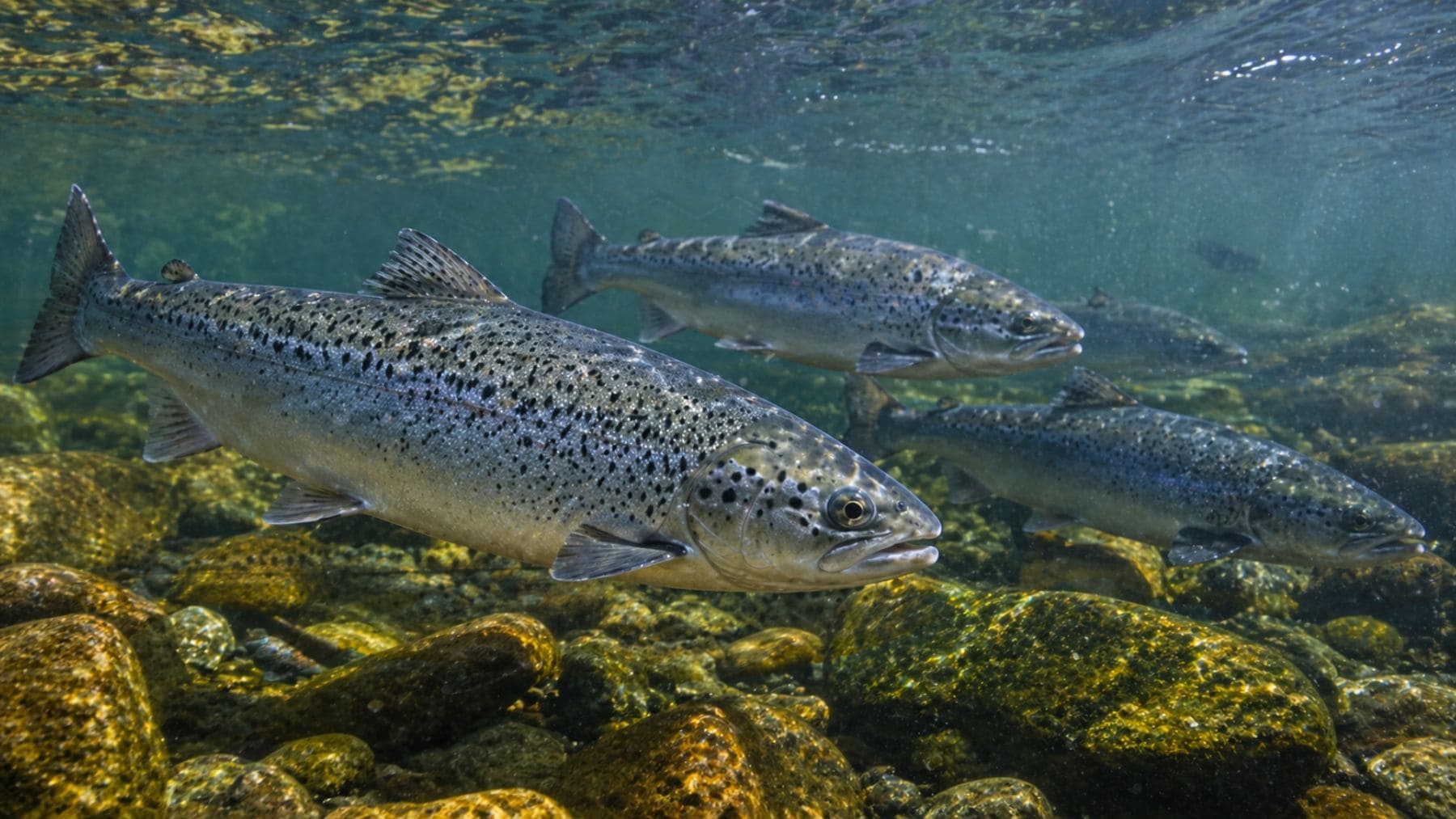 Salmones atlánticos nadando en agua dulce afectados por contaminación de cocaína en ríos.