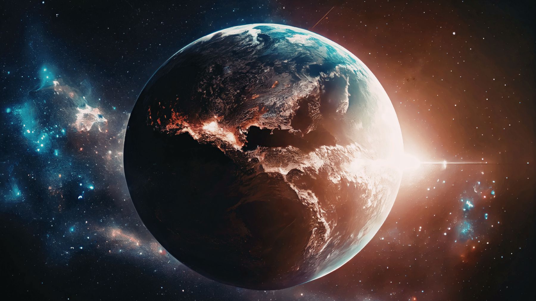 Planeta Tierra desde el espacio con iluminación solar mostrando cambios en su rotación por el cambio climático.