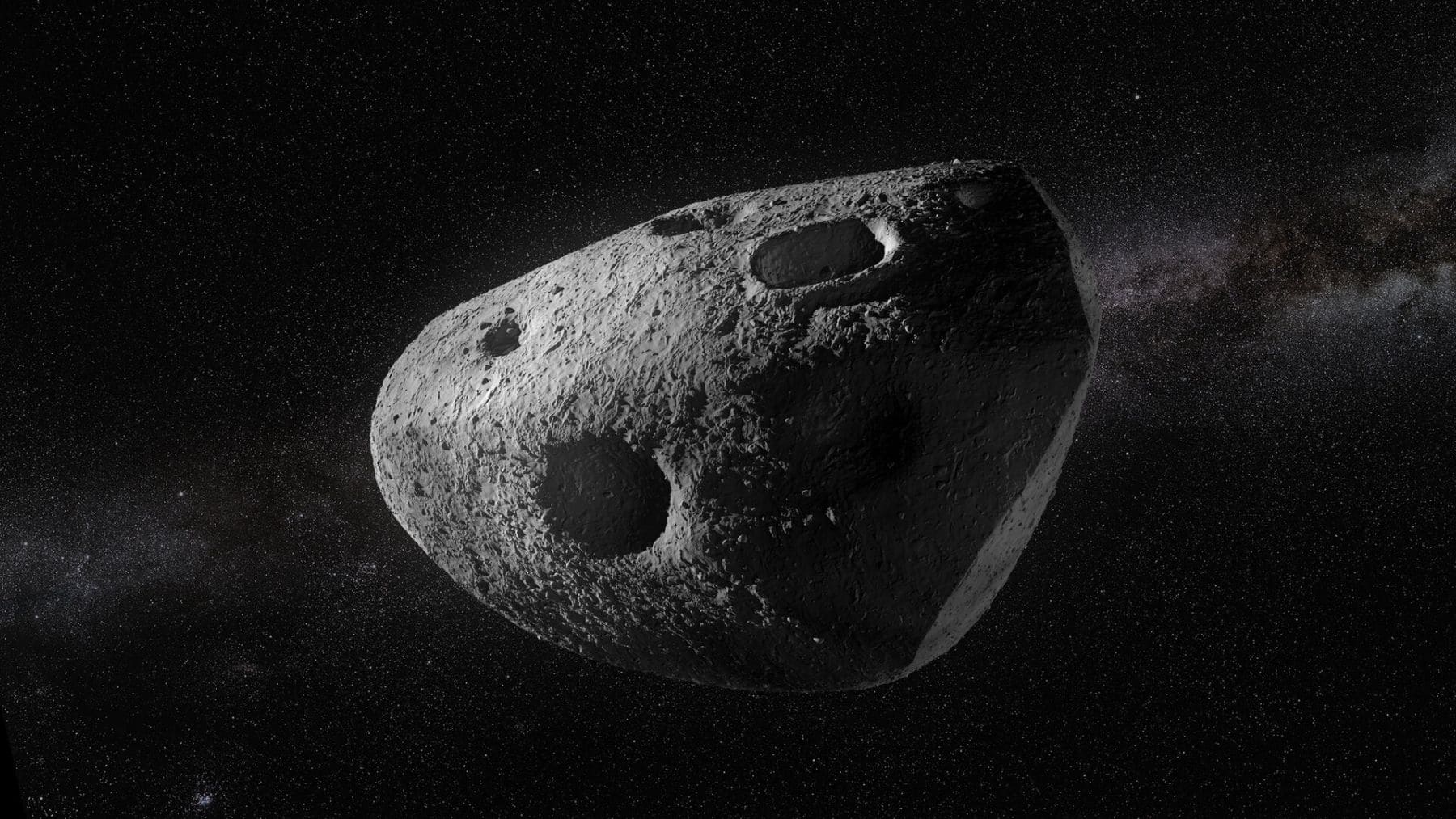 Recreación oficial del asteroide 99942 Apophis durante su acercamiento cercano a la Tierra en 2029.