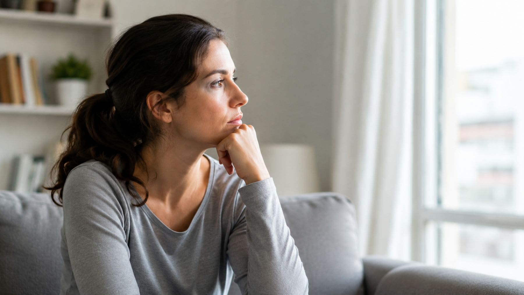 Mujer pensativa sentada en un sofá mientras reflexiona sobre el sobrepensamiento y la ansiedad mental.