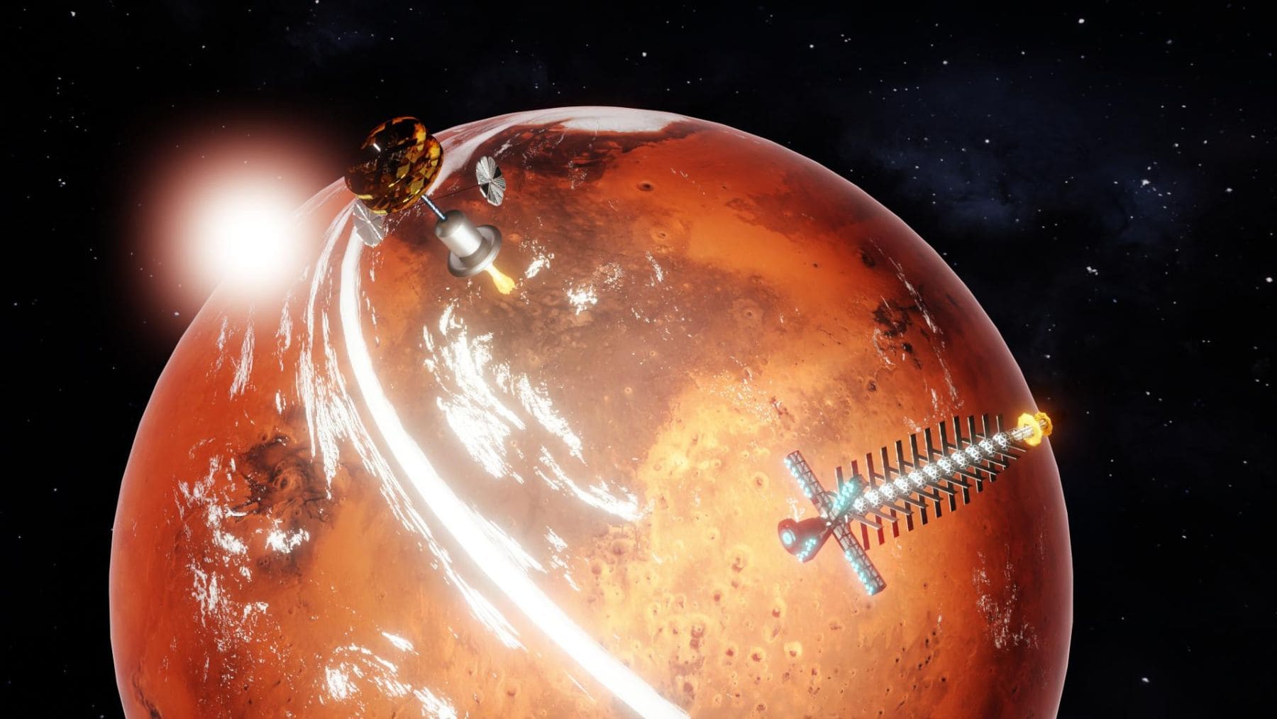 Concepto artístico de una nave con propulsión nuclear viajando hacia Marte en una misión rápida de 56 días.