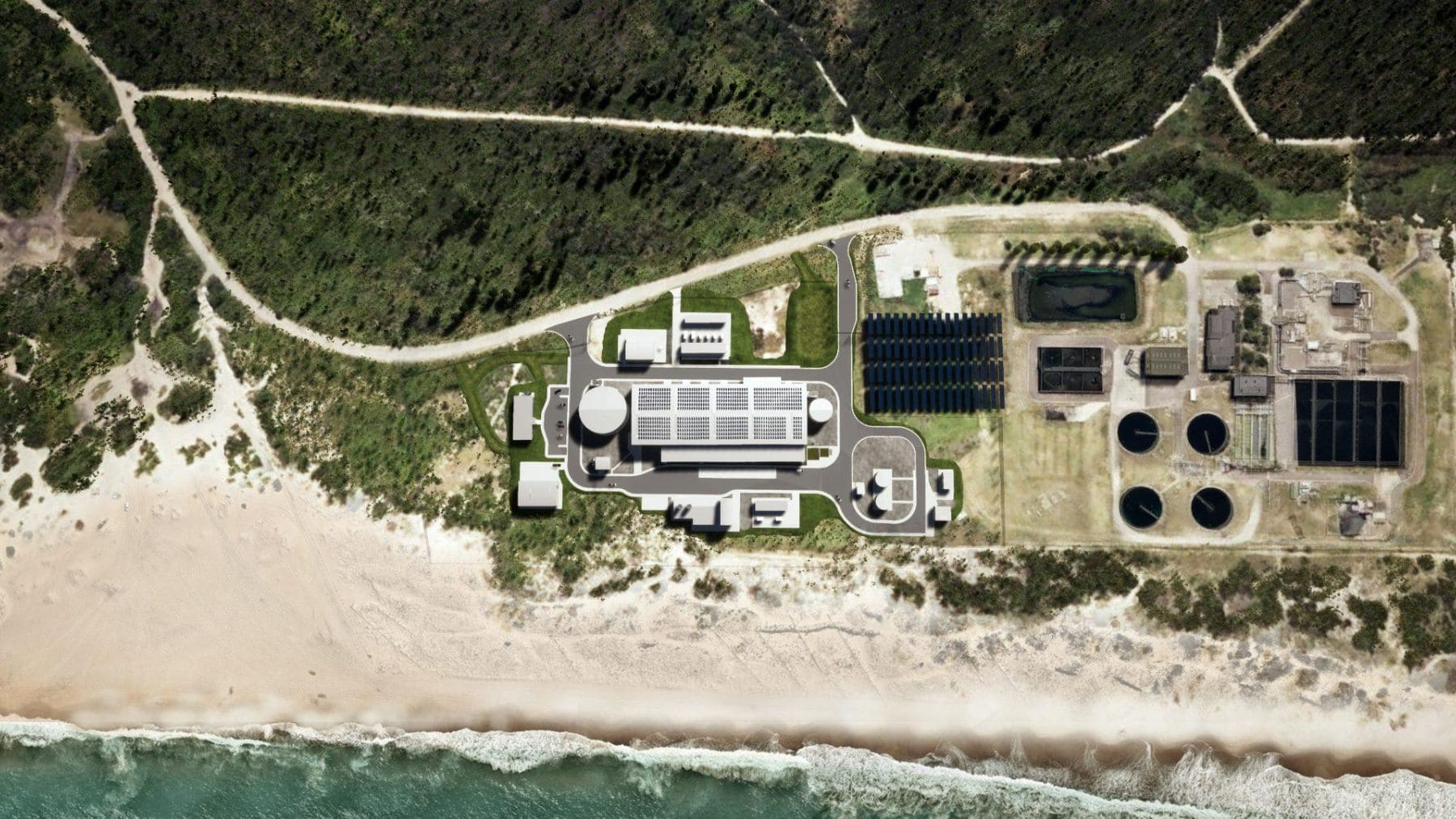 Vista aérea de la nueva planta desalinizadora de Belmont en Australia junto a Nine Mile Beach.