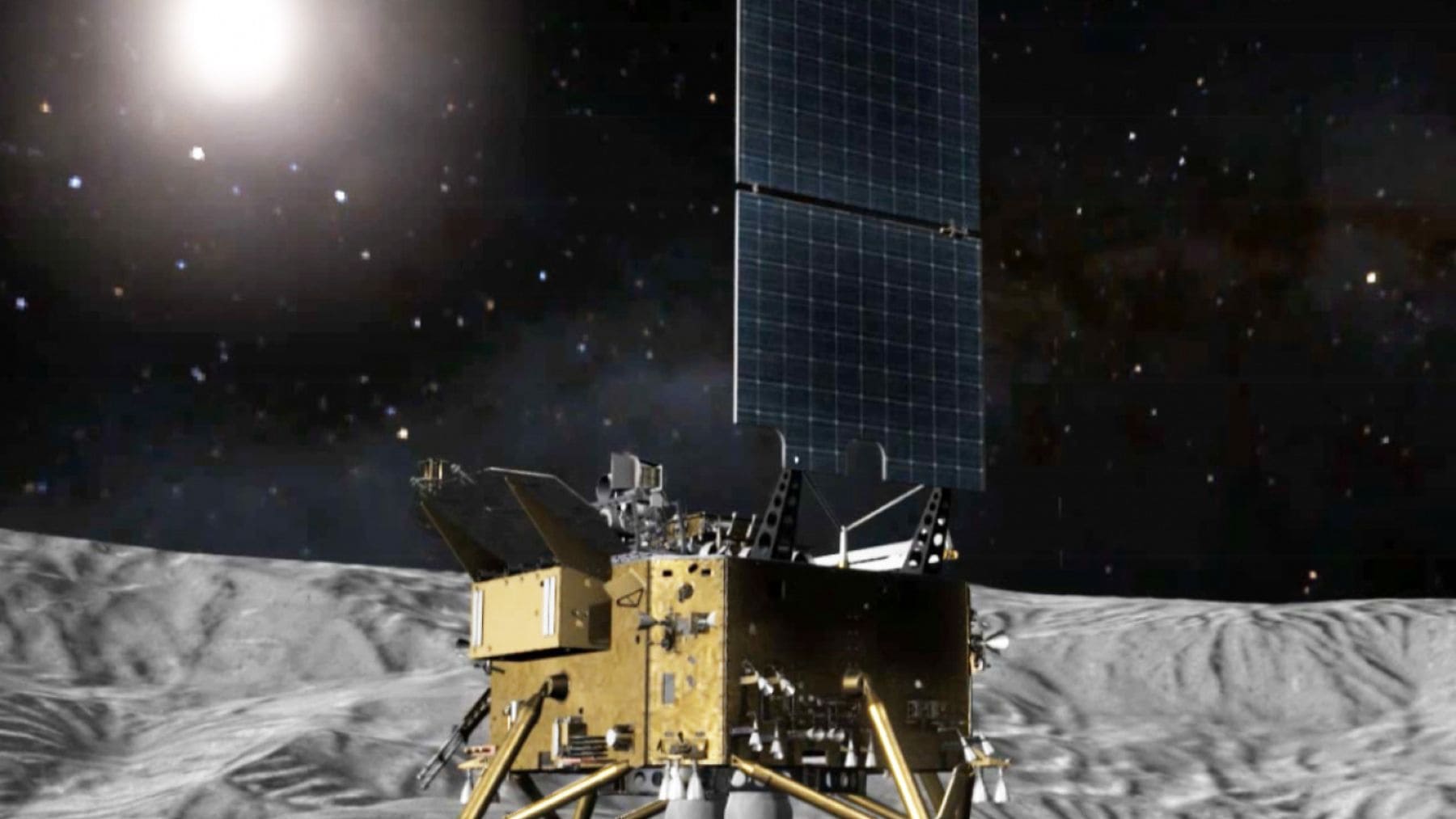 Render oficial de la misión china Chang’e-8 con un robot lunar para construir una futura base en la Luna.