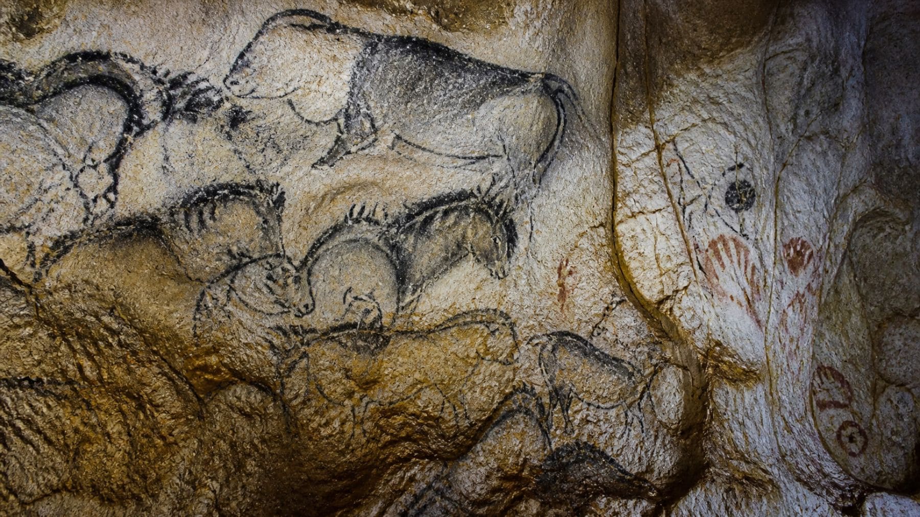 Pinturas rupestres de la cueva Cosquer con caballos y manos en una cueva prehistórica hoy sumergida en Marsella.