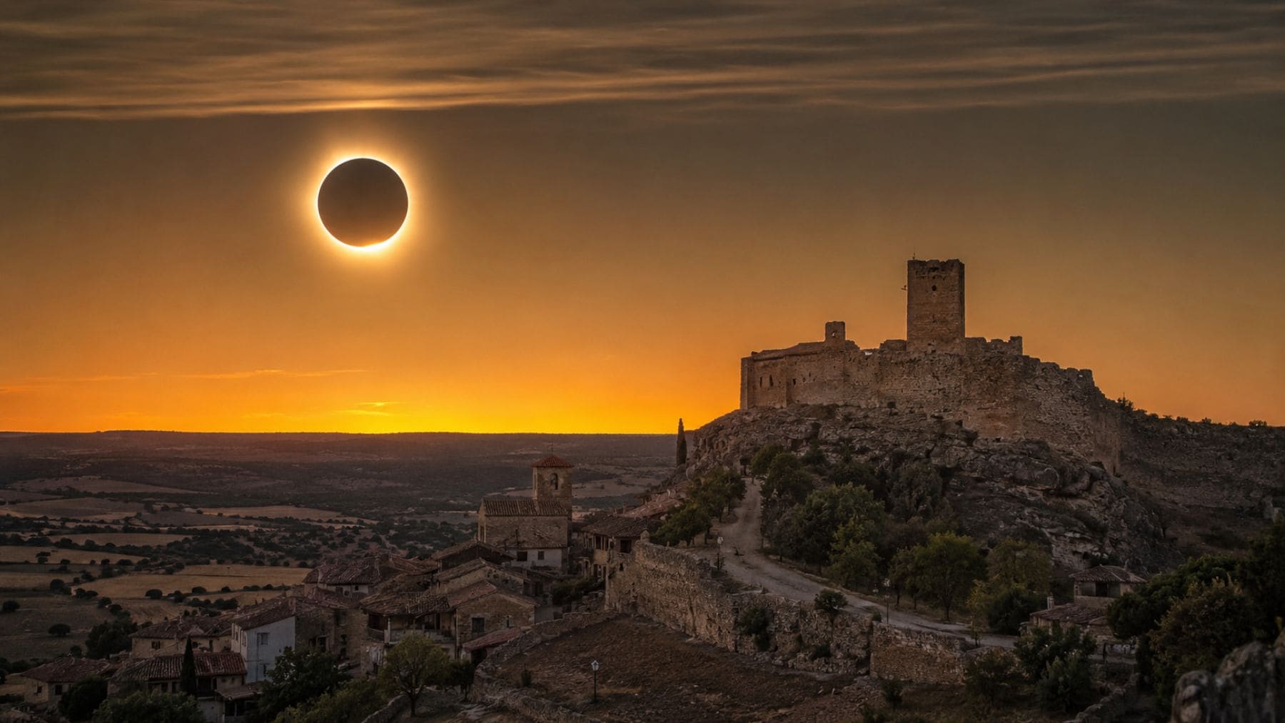 Eclipse total de Sol sobre el castillo medieval de Calatañazor en Soria al atardecer