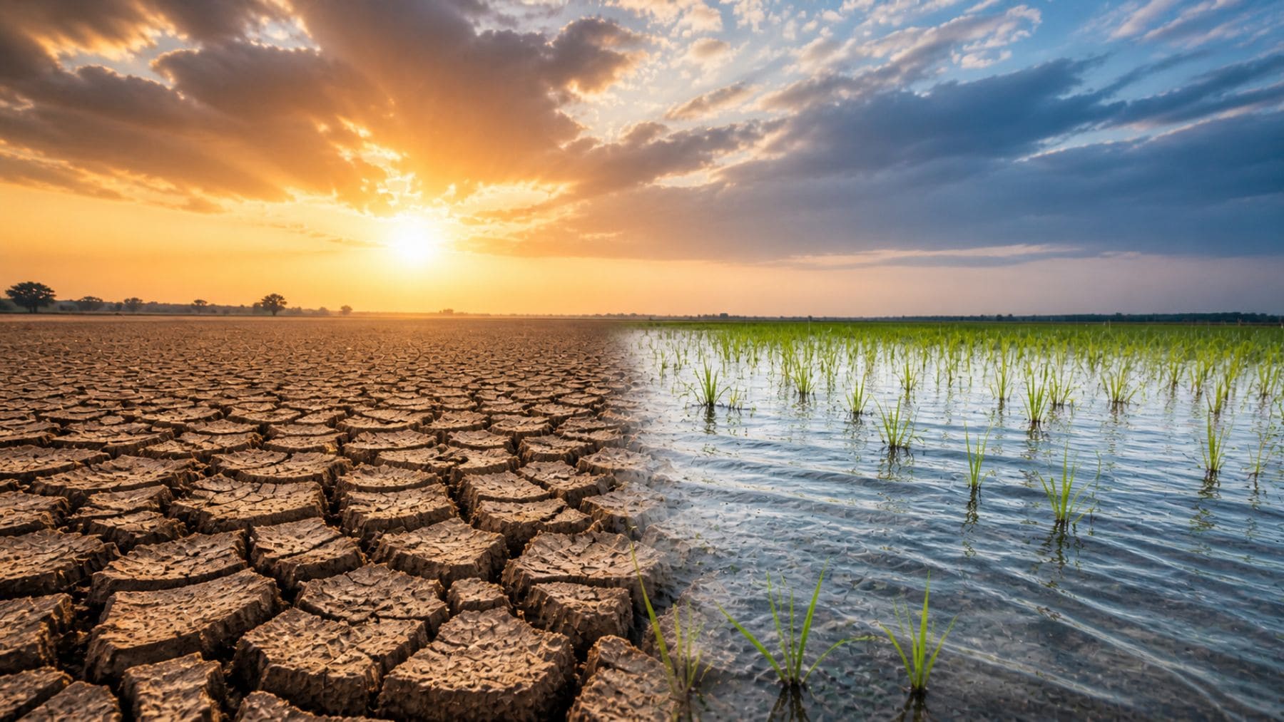 Efectos de El Niño 2026 con sequía extrema y campos agrícolas inundados por cambios climáticos.