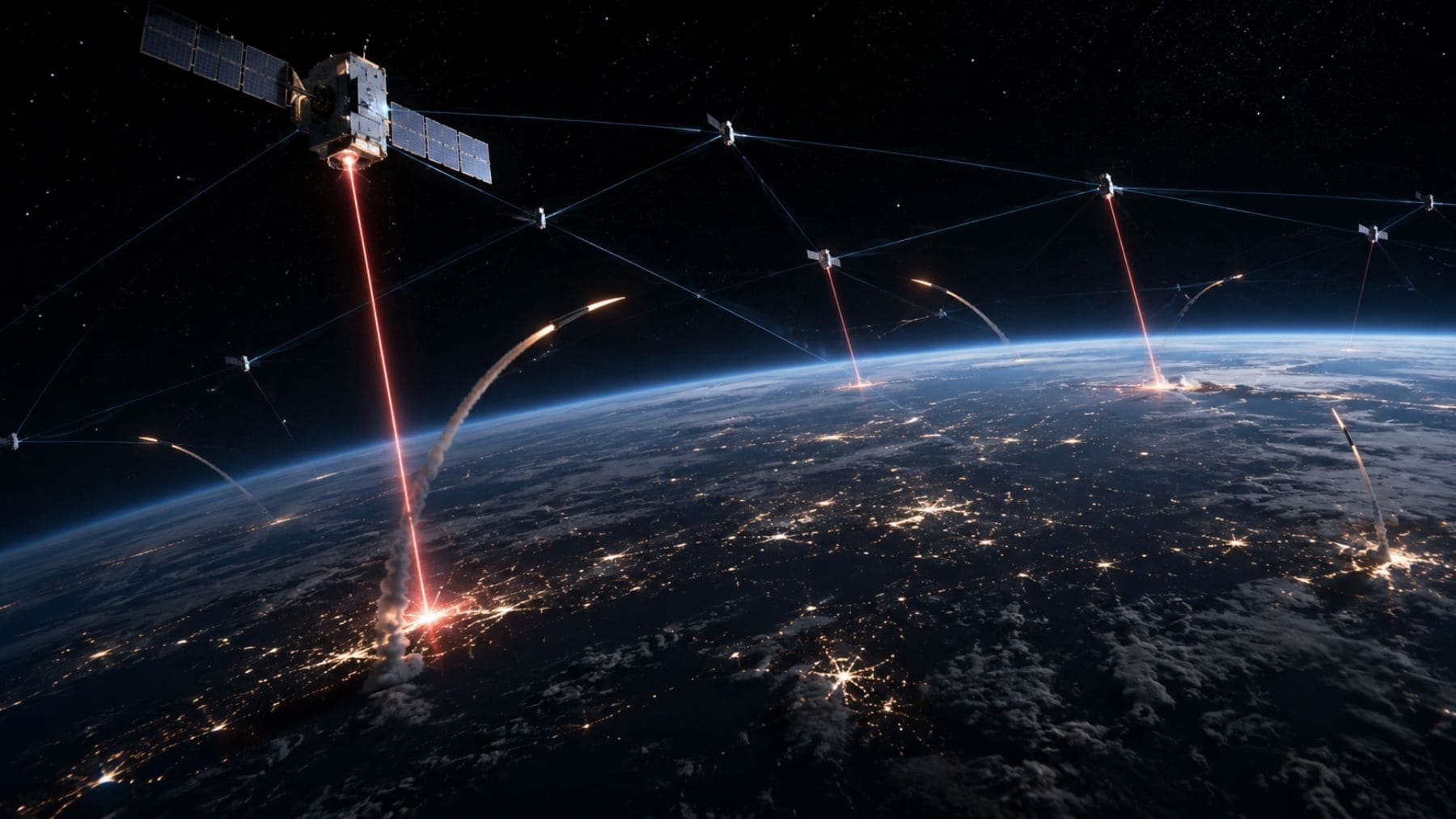 Representación del sistema Golden Dome de EEUU con satélites militares e interceptores espaciales en órbita