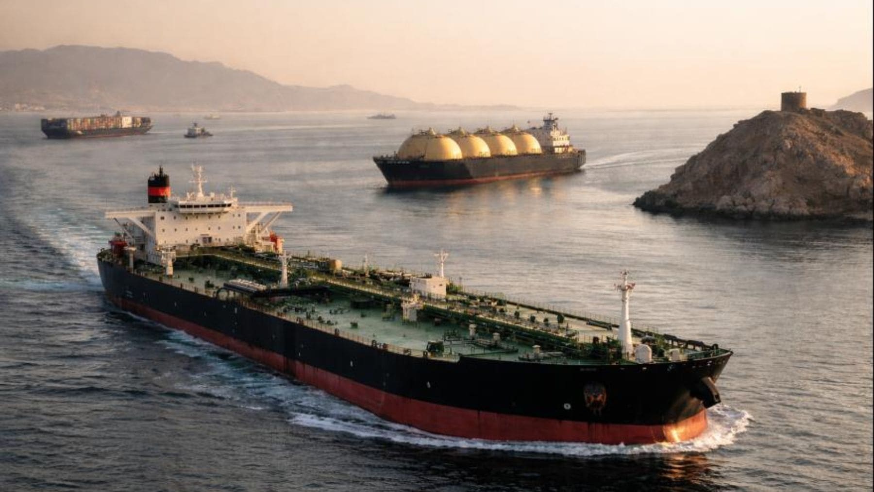 Petroleros navegando por el estrecho de Ormuz en plena crisis que amenaza el suministro global de fertilizantes.