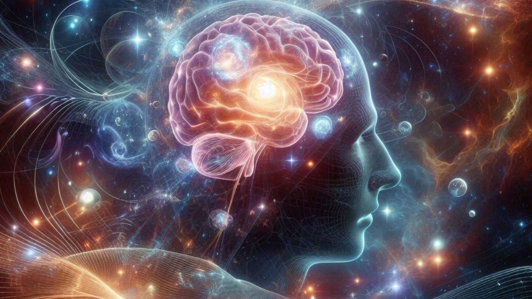 Ilustración de un cerebro humano asociado a una teoría de conciencia universal y física cuántica.