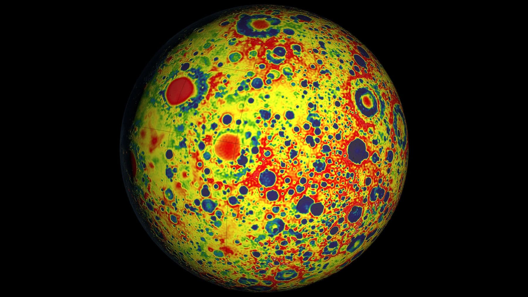 Mapa gravitatorio de la Luna captado por la misión GRAIL de la NASA que revela anomalías ligadas al vuelco interno lunar.