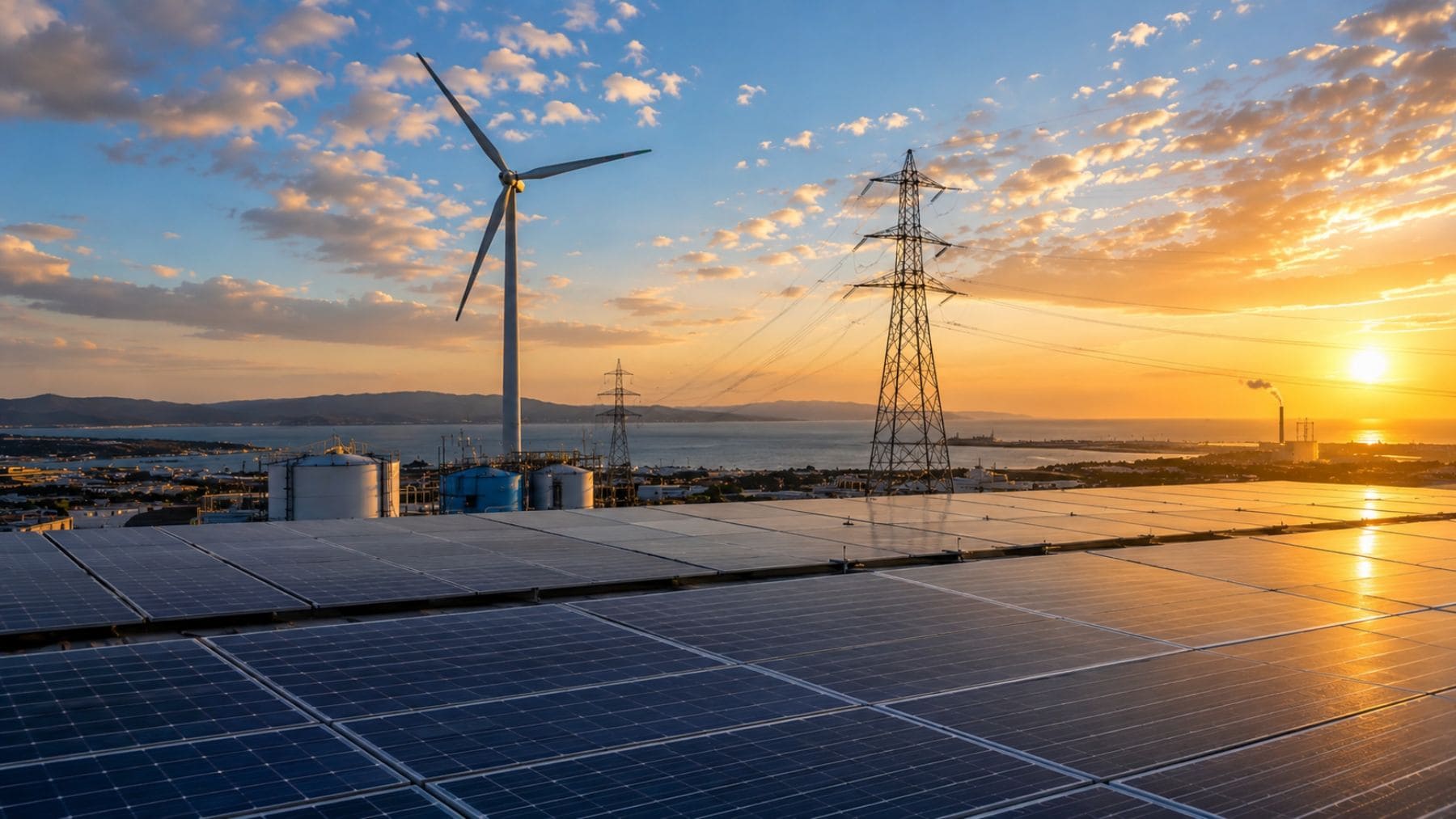 Infraestructura energética de Marruecos con paneles solares, líneas eléctricas y energía renovable frente al Estrecho de Gibraltar.