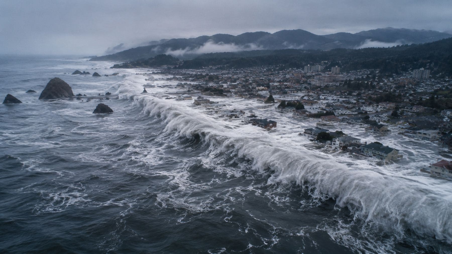 Simulación realista de un megaterremoto en la falla de Cascadia provocando un tsunami en la costa del Pacífico.