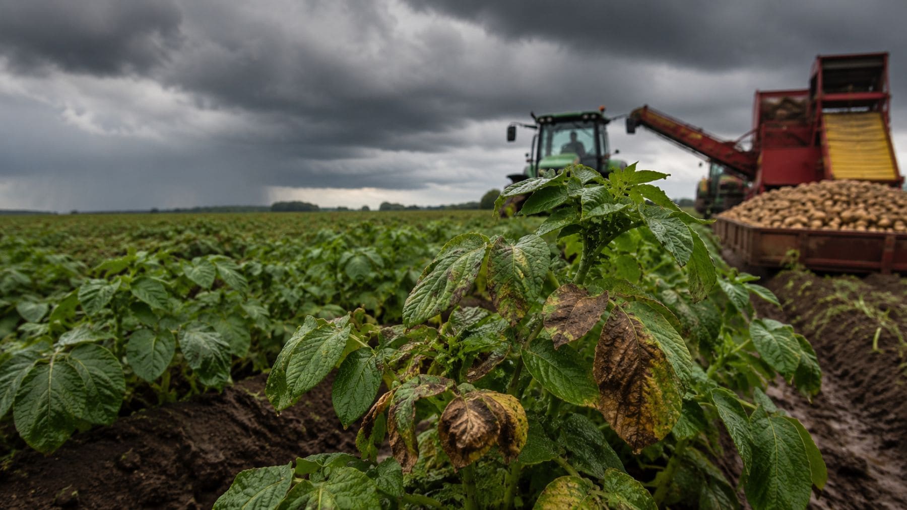 Campo de patatas afectado por mildiu tras fuertes lluvias en España durante una campaña agrícola de riesgo