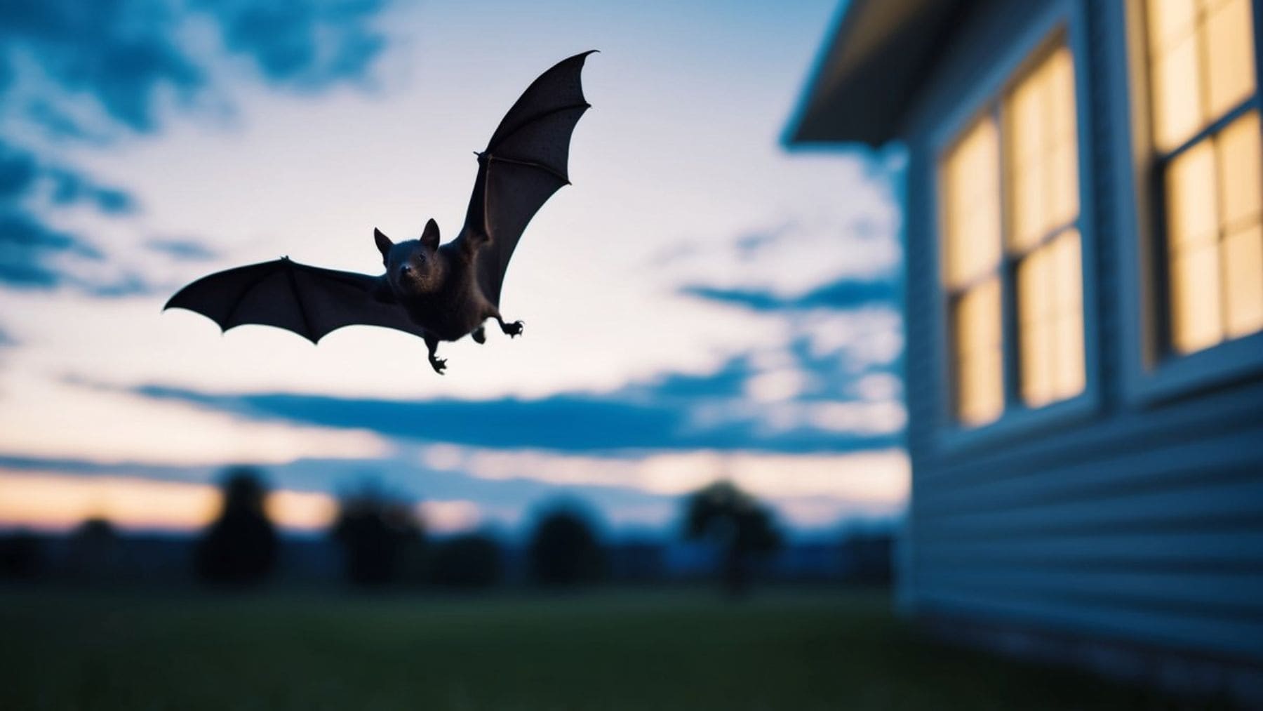 Murciélago volando al anochecer cerca de una casa y un jardín residencial.