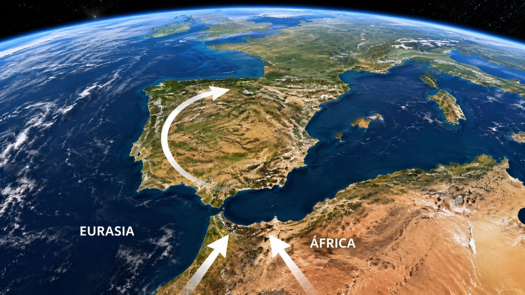 Vista satelital de la Península Ibérica girando lentamente por la presión tectónica entre África y Eurasia.