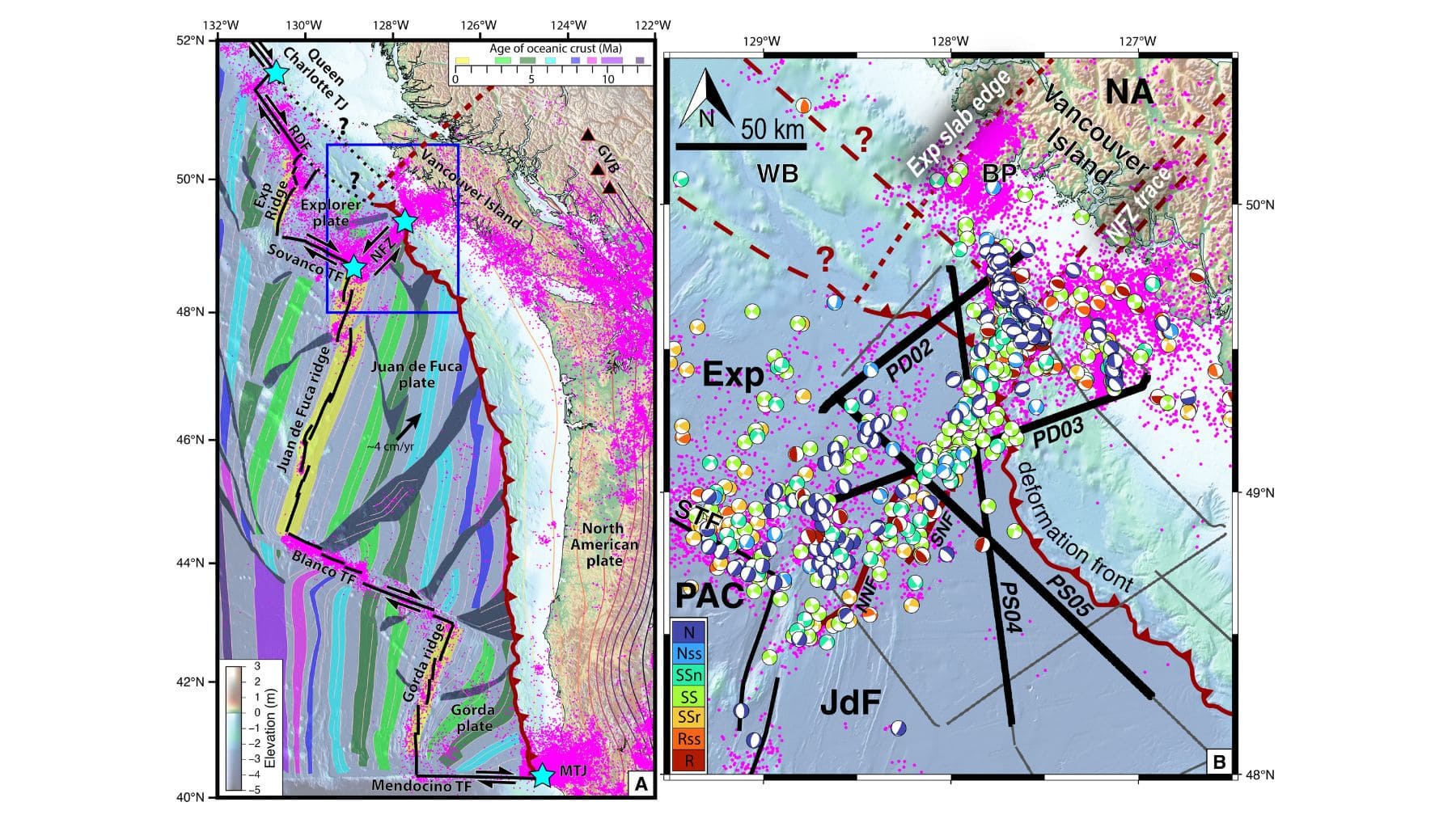 Mapa científico de la fractura de la placa tectónica Juan de Fuca bajo la zona de subducción de Cascadia en EEUU.