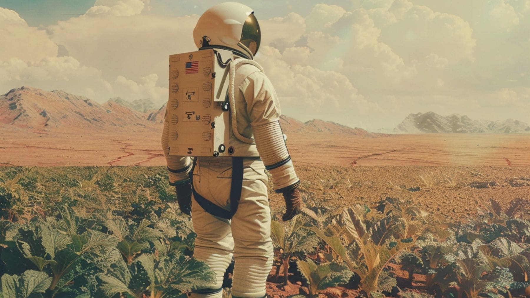 Astronauta observando cultivos de alimentos en Marte durante un proyecto de la NASA para sobrevivir sin la Tierra.
