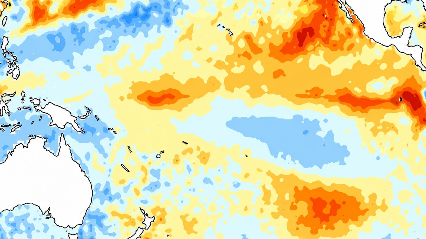 Mapa del océano Pacífico con anomalías térmicas y señales del fenómeno climático Super Niño en 2026.