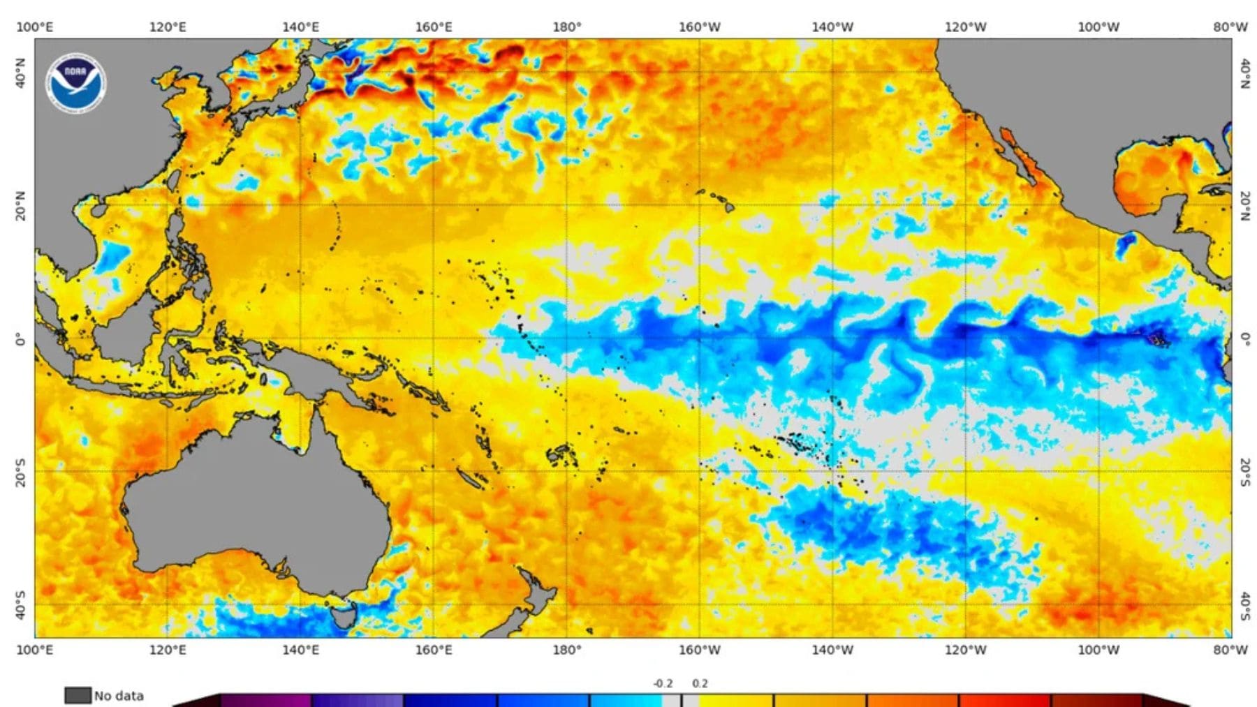 Mapa de anomalías de temperatura del Pacífico con señales del posible Súper Niño de 2026.