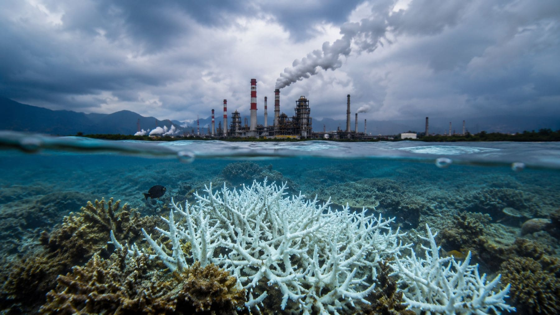 Océano con corales blanqueados frente a una gran planta industrial por la crisis climática y la acidificación marina.