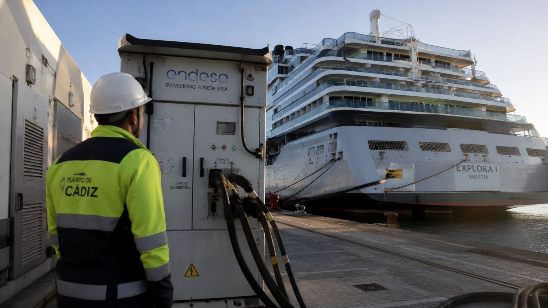 Trabajador en el Puerto de Cádiz junto a un crucero conectado al sistema eléctrico OPS.