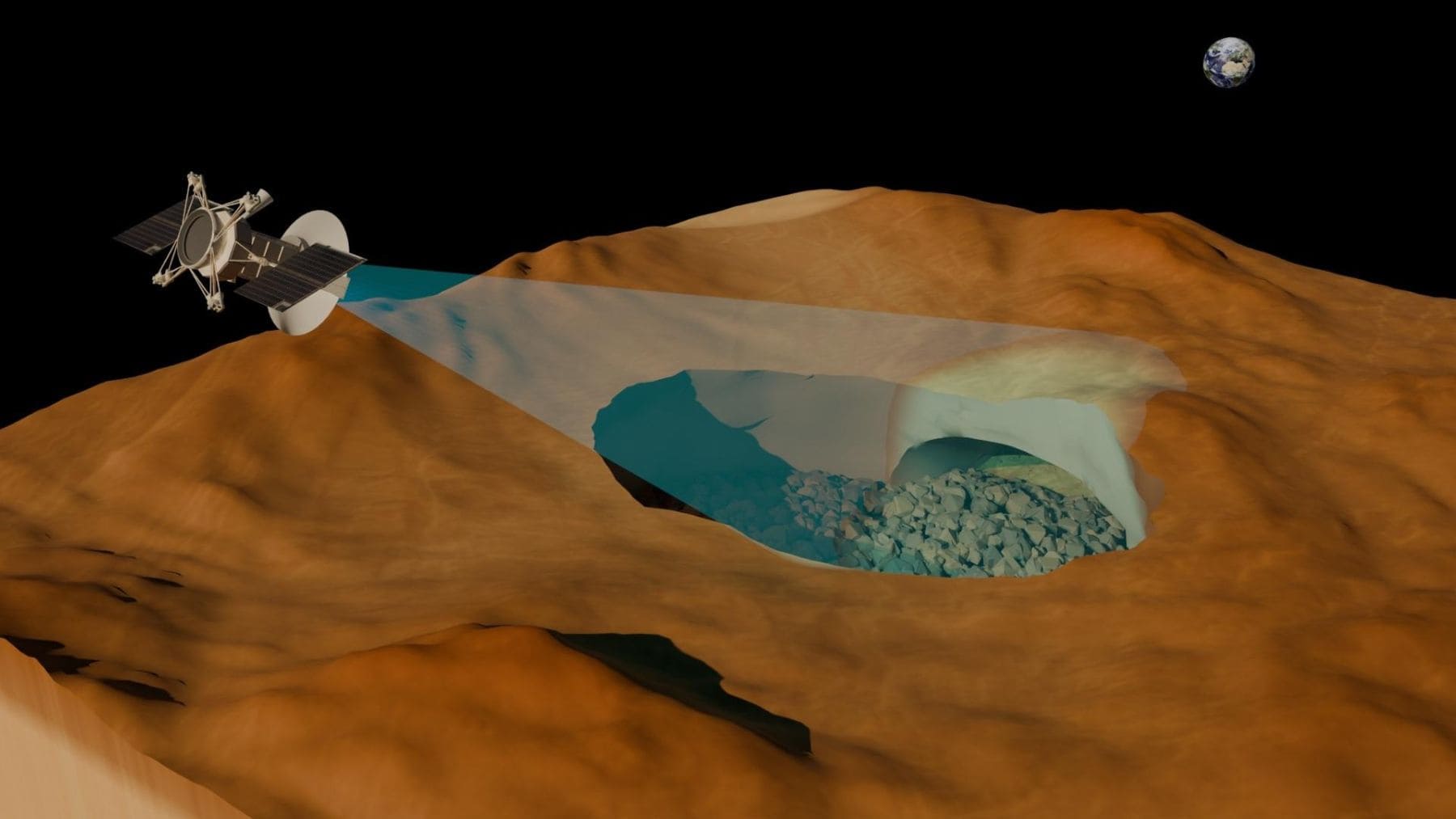 Ilustración del túnel de lava volcánica descubierto bajo la superficie de Venus mediante radar espacial.
