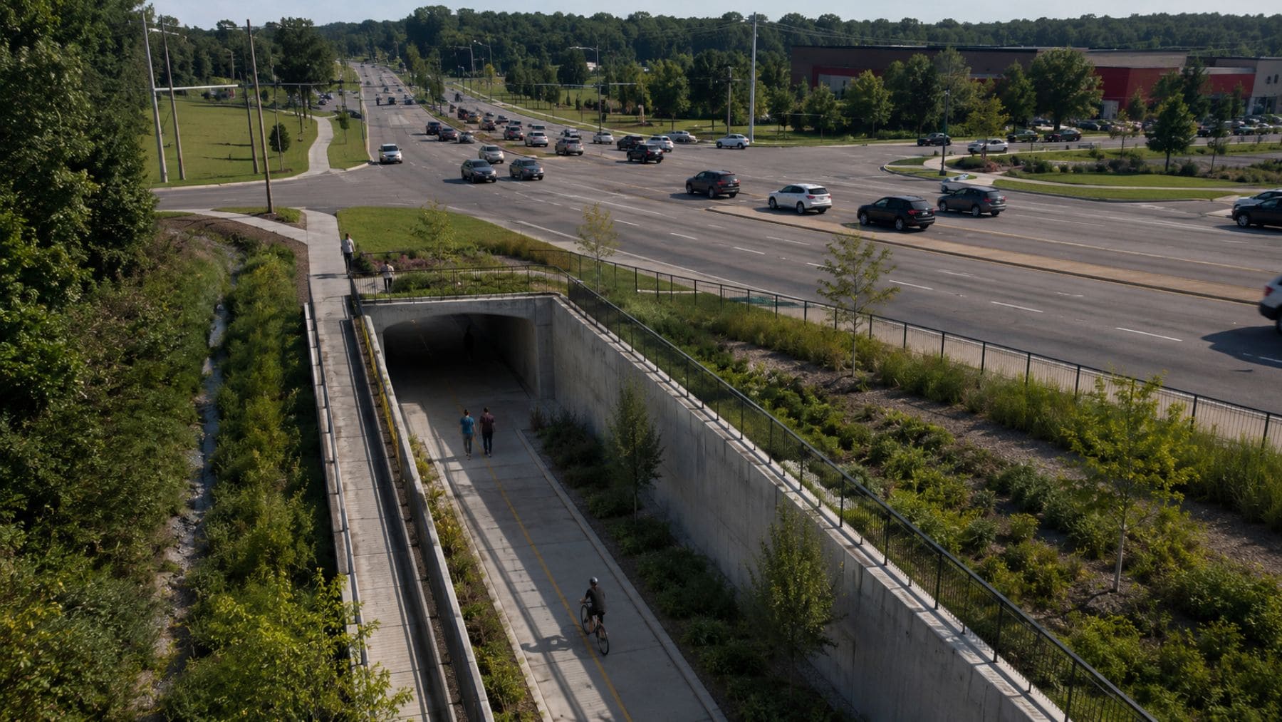 Túnel peatonal y ciclista bajo una gran carretera de Michigan dentro del proyecto Grand River Greenway.