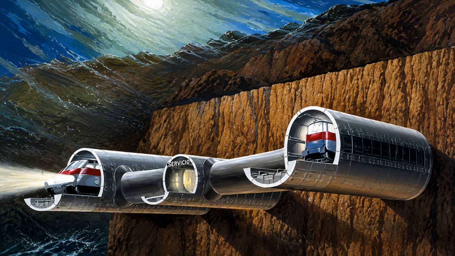 Recreación del túnel submarino ferroviario entre España y Marruecos bajo el Estrecho de Gibraltar.