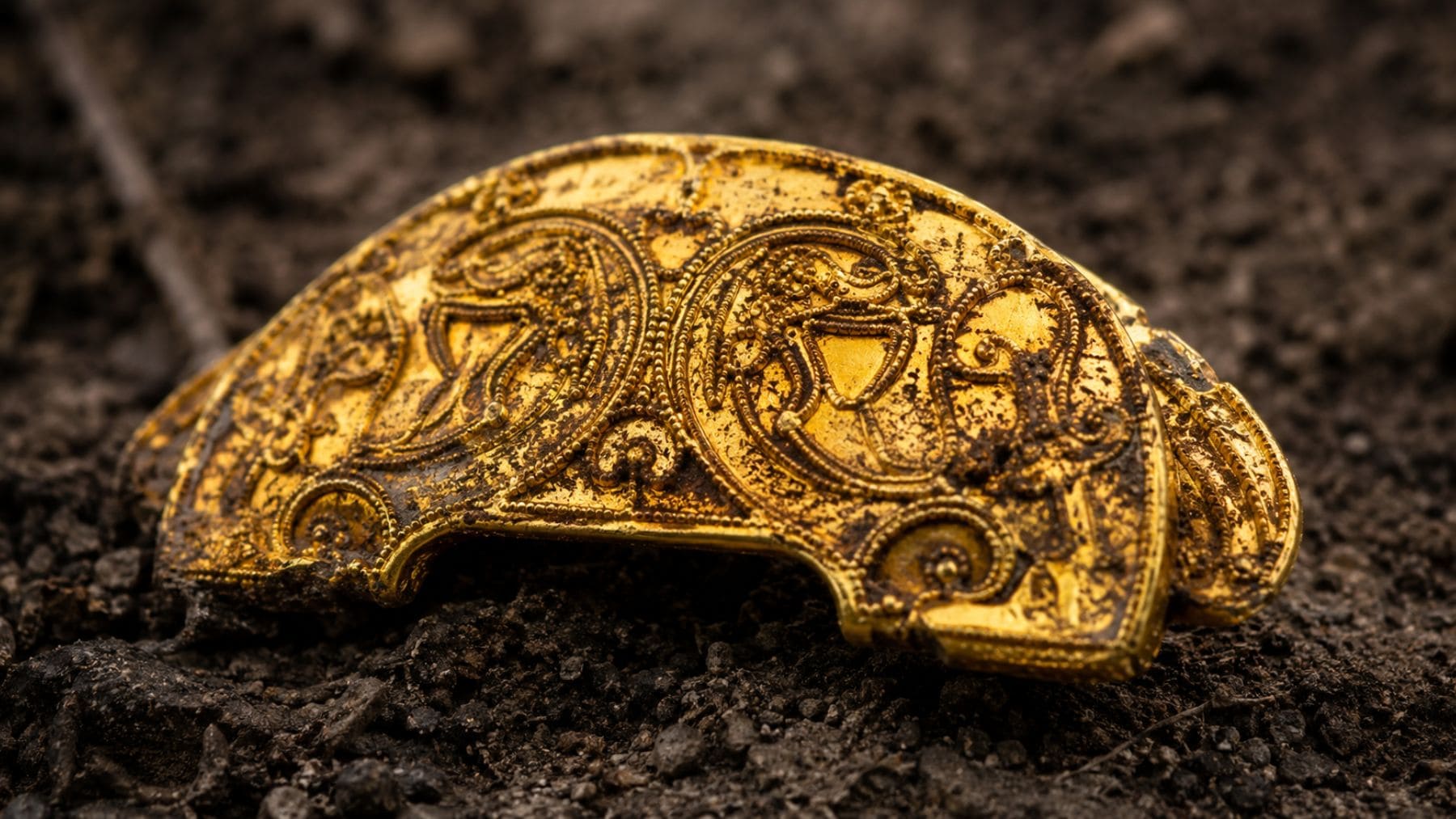 Vaina de espada de oro de más de 1.500 años hallada bajo un árbol caído en un bosque de Noruega.
