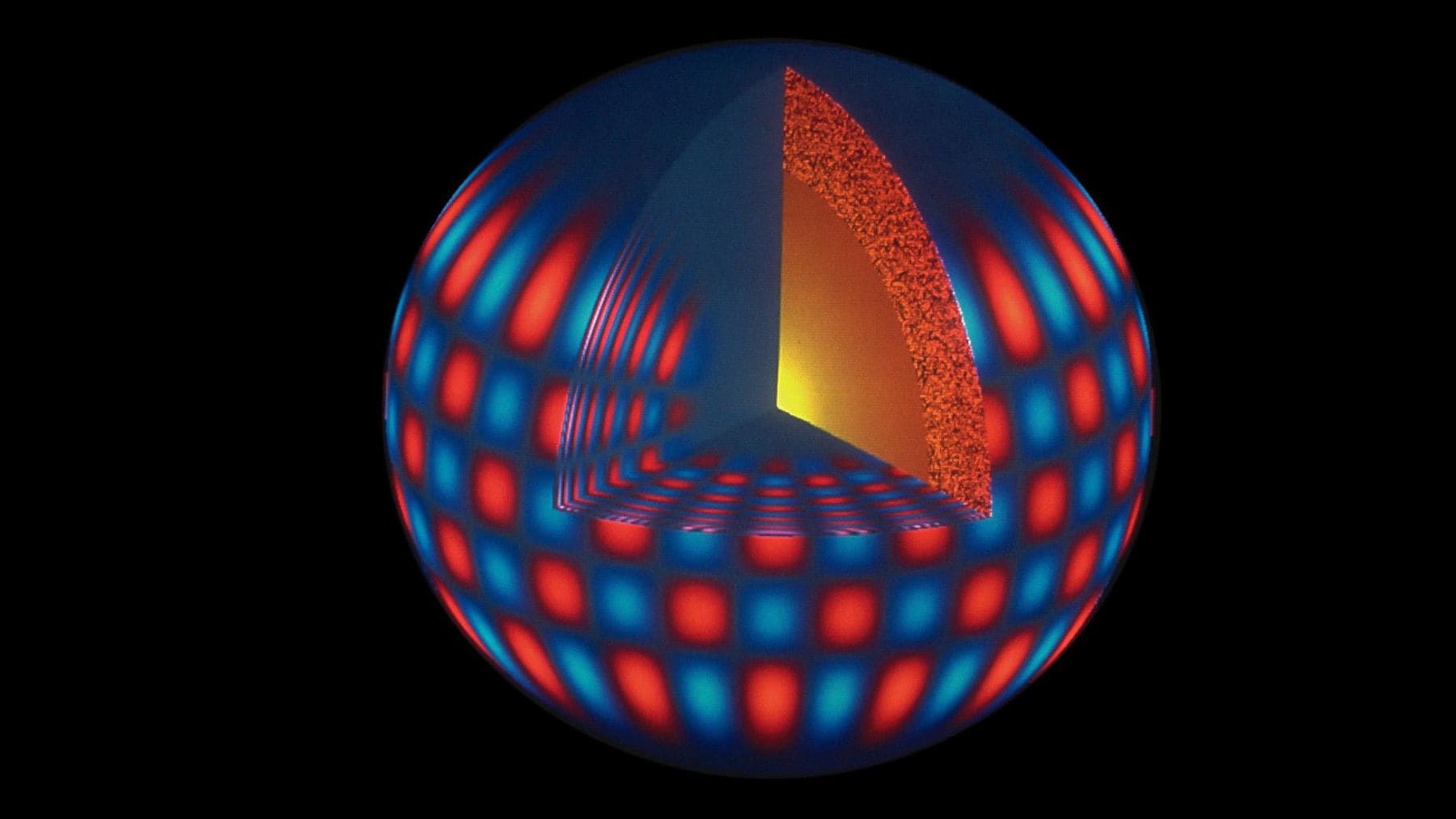 Representación del interior del Sol obtenida mediante heliosismología que muestra las ondas acústicas y la actividad magnética solar.