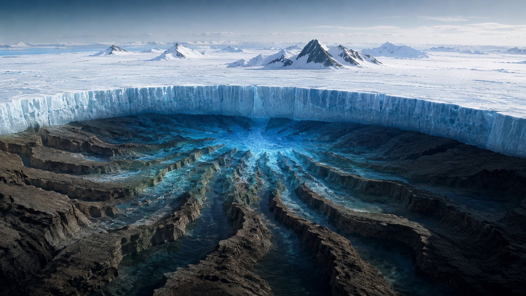 Recreación de la gigantesca estructura en forma de abanico descubierta bajo el hielo de la Antártida Oriental con cuencas subglaciares