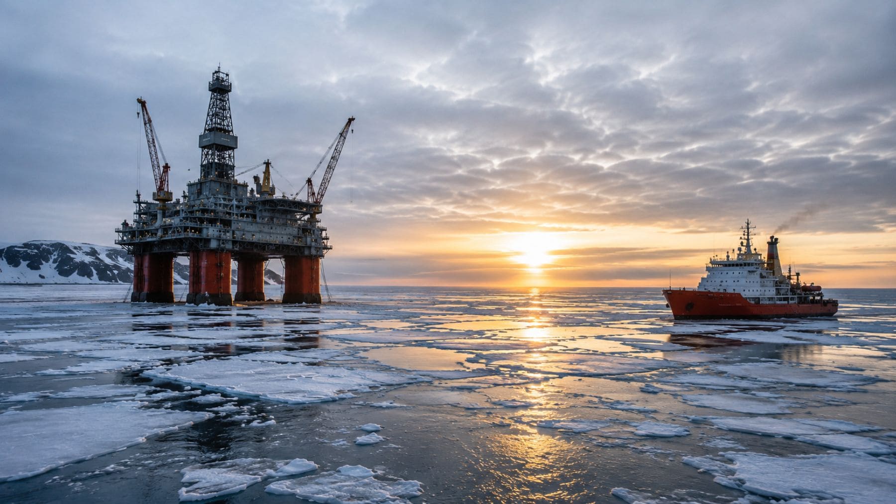 Plataforma petrolífera y buque rompehielos en el Ártico ante el potencial de enormes reservas de petróleo y gas.