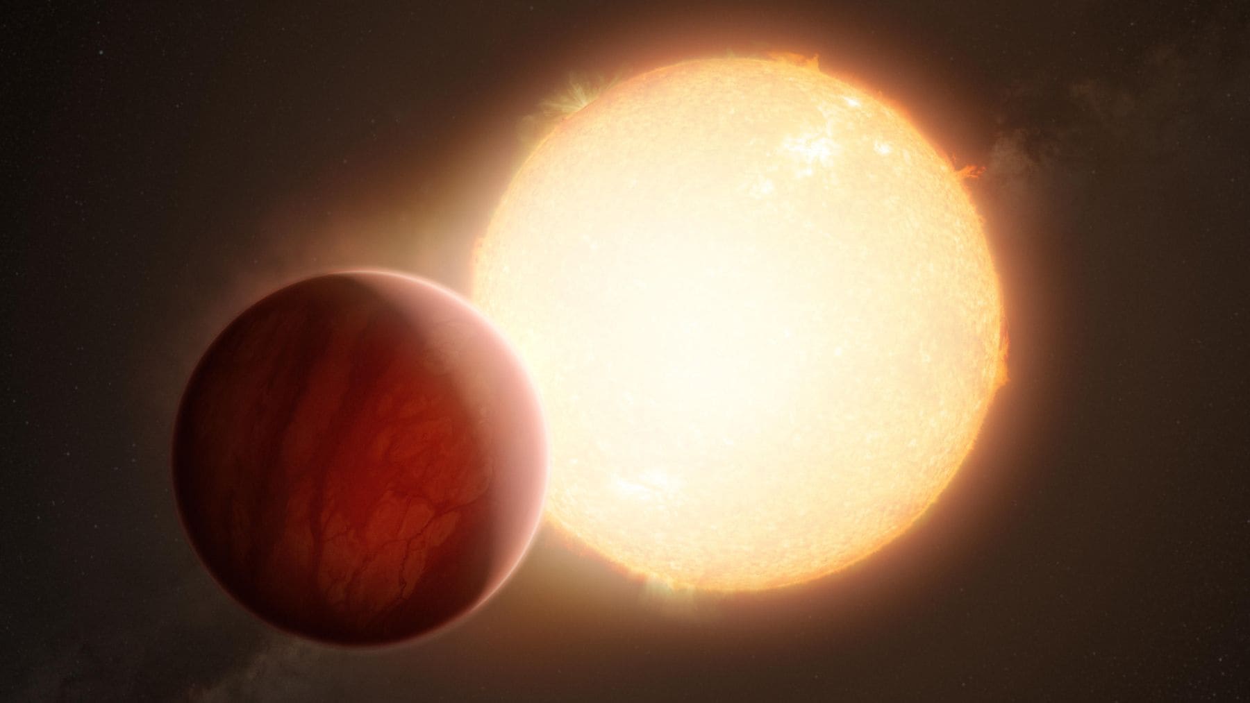 Ilustración artística de un exoplaneta gigante ultracaliente orbitando muy cerca de su estrella, asociado a campos magnéticos y vientos extremos