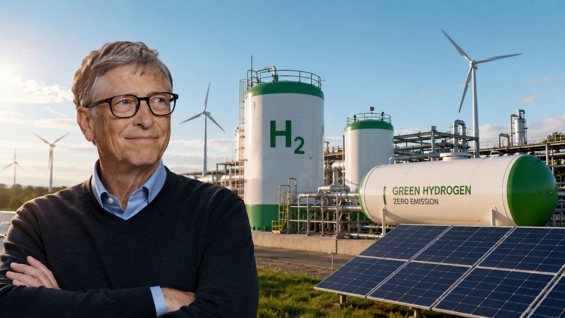 Bill Gates junto a una planta de hidrógeno verde con electrolizadores, energía solar y almacenamiento de H2 en Tarragona.
