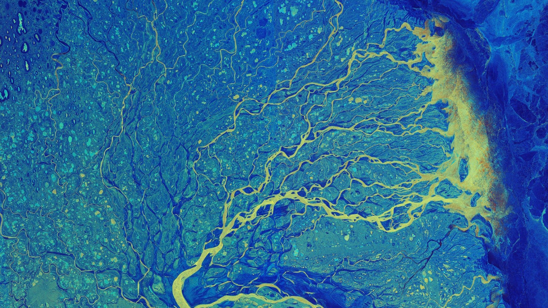 Vista satelital de un delta fluvial en el Ártico donde científicos han identificado enormes reservas de carbono atrapadas en el permafrost.