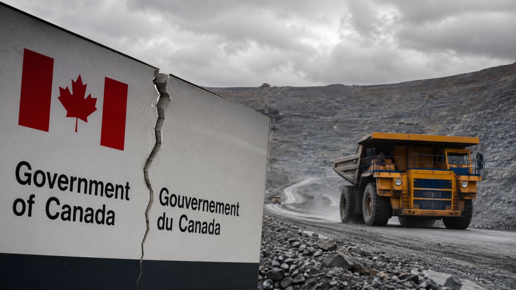 Cartel del Gobierno de Canadá junto a una gran mina a cielo abierto que simboliza el cierre de la agencia CORE encargada de investigar abusos de empresas canadienses en el extranjero.
