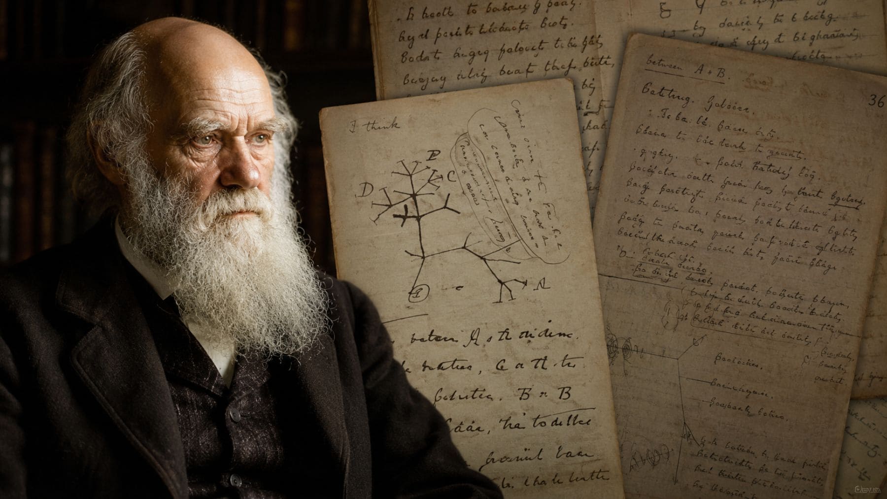 Charles Darwin junto a manuscritos sobre evolución y adaptación al cambio
