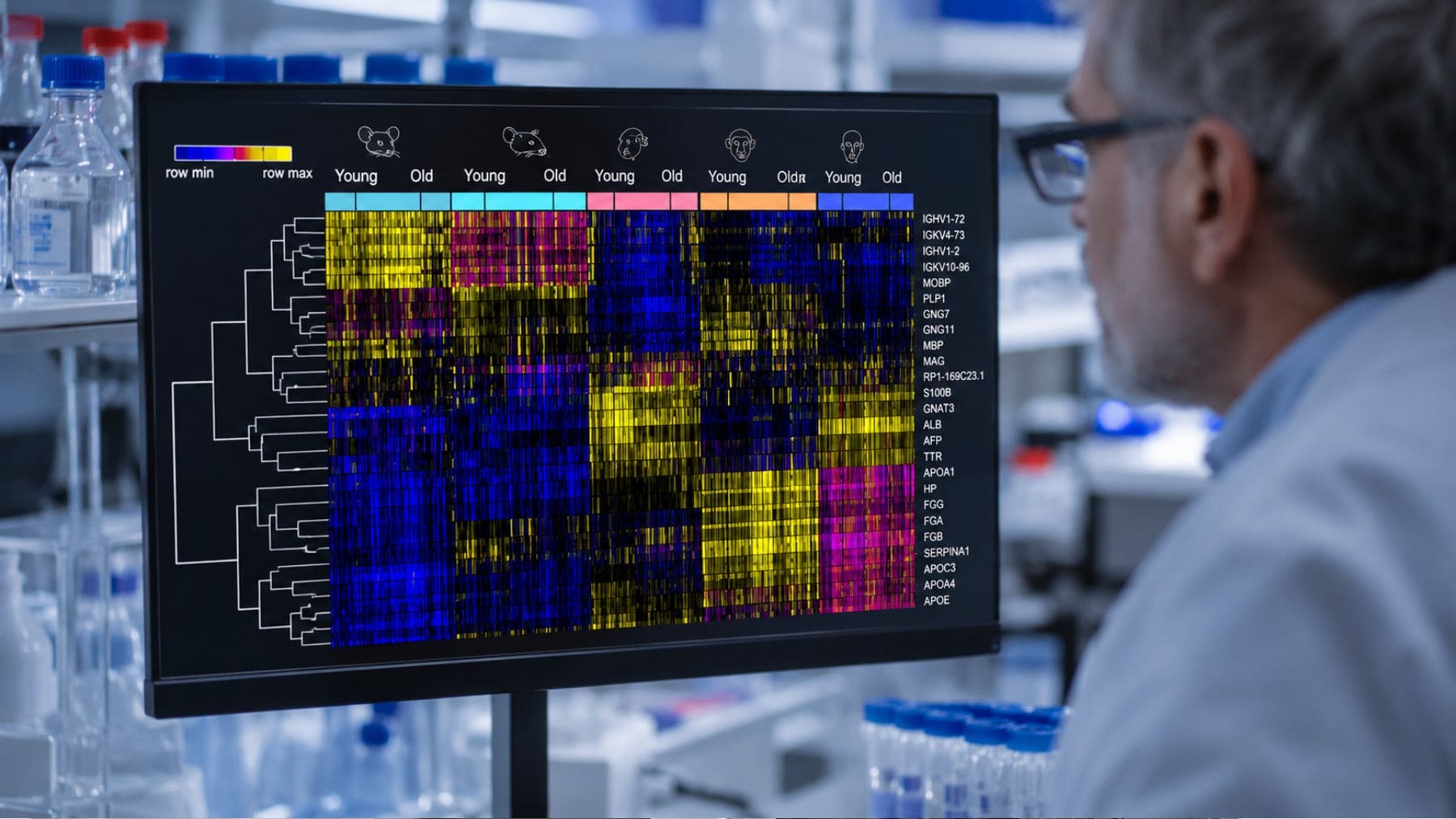 Científico analizando datos genéticos en una pantalla para estudiar el envejecimiento y el reloj biológico desarrollado por Harvard