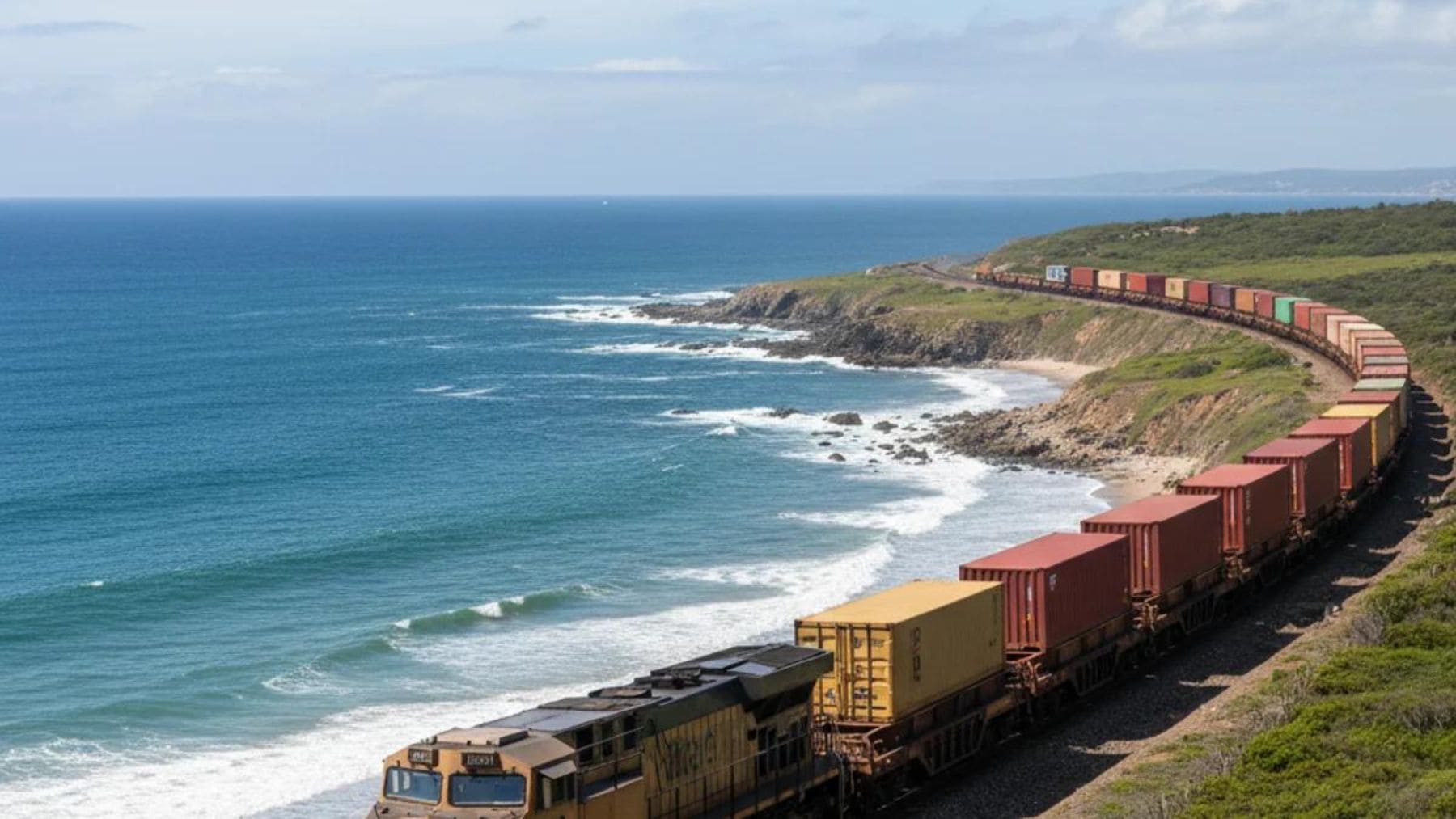 Tren de mercancías circulando por el Corredor Mediterráneo junto a la costa en un tramo afectado por el riesgo de saturación ferroviaria.